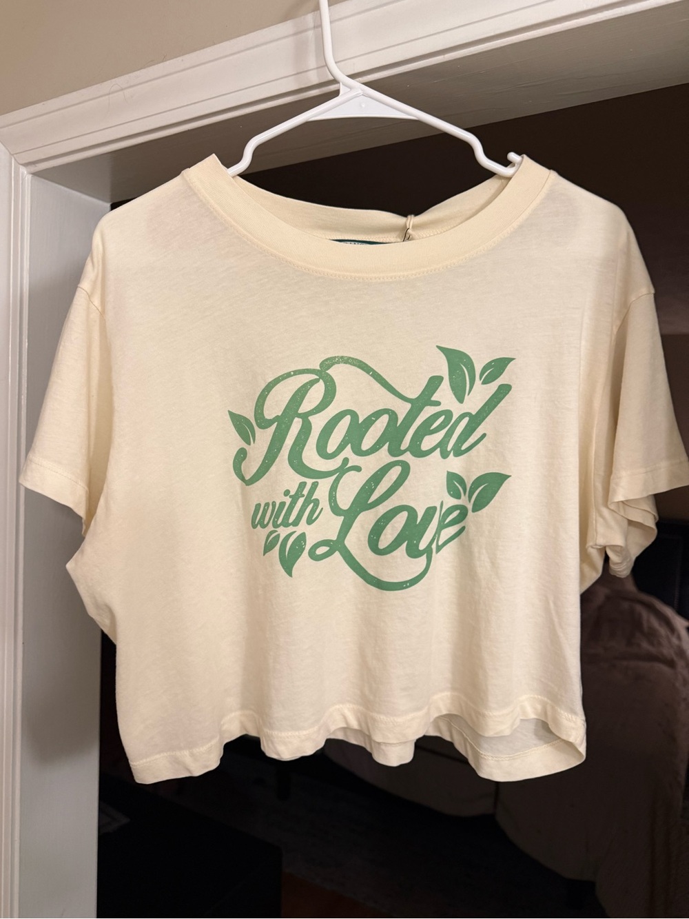Cream Crop Tee with Green 'Rooted with Love' Graphic NWT